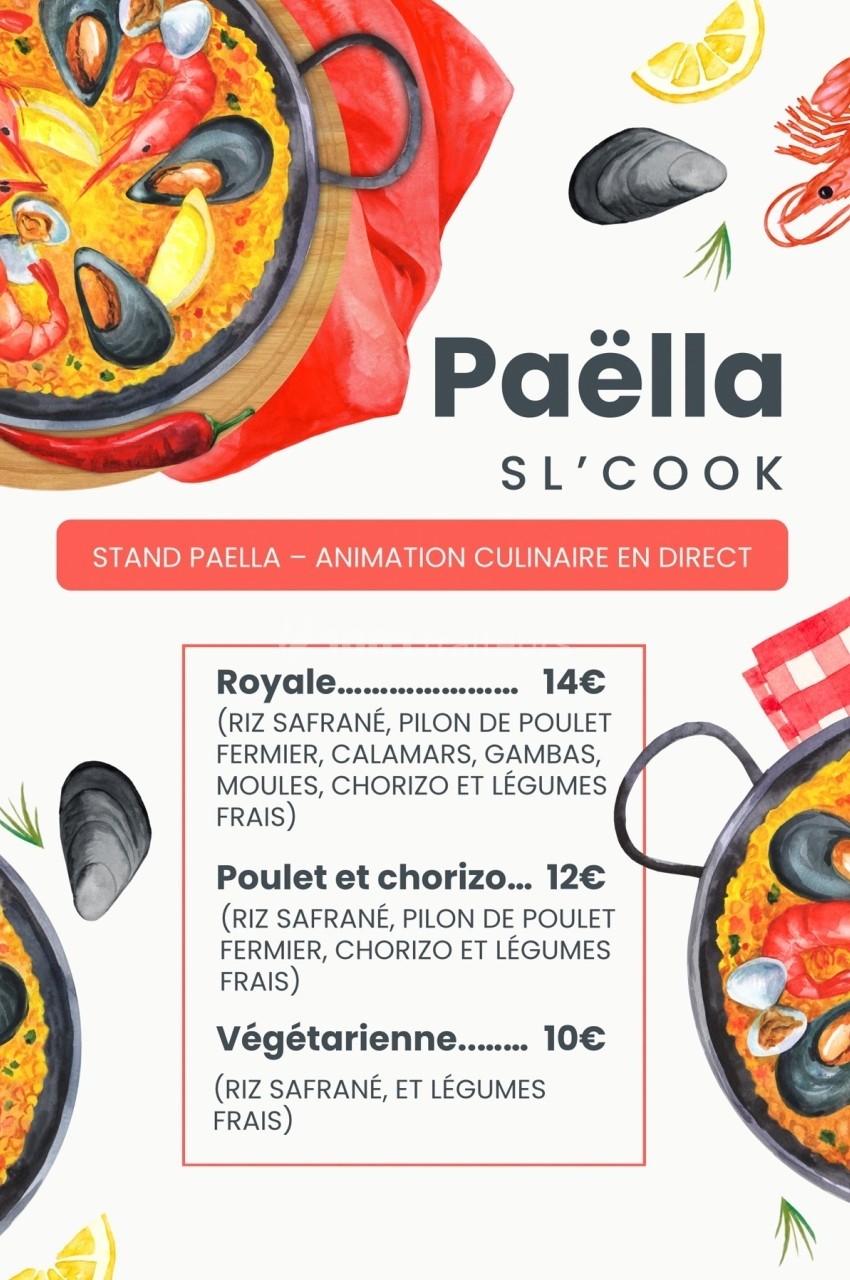 Illustration de paellas variées avec ingrédients visibles et menu listant trois options : royale, poulet et chorizo…
