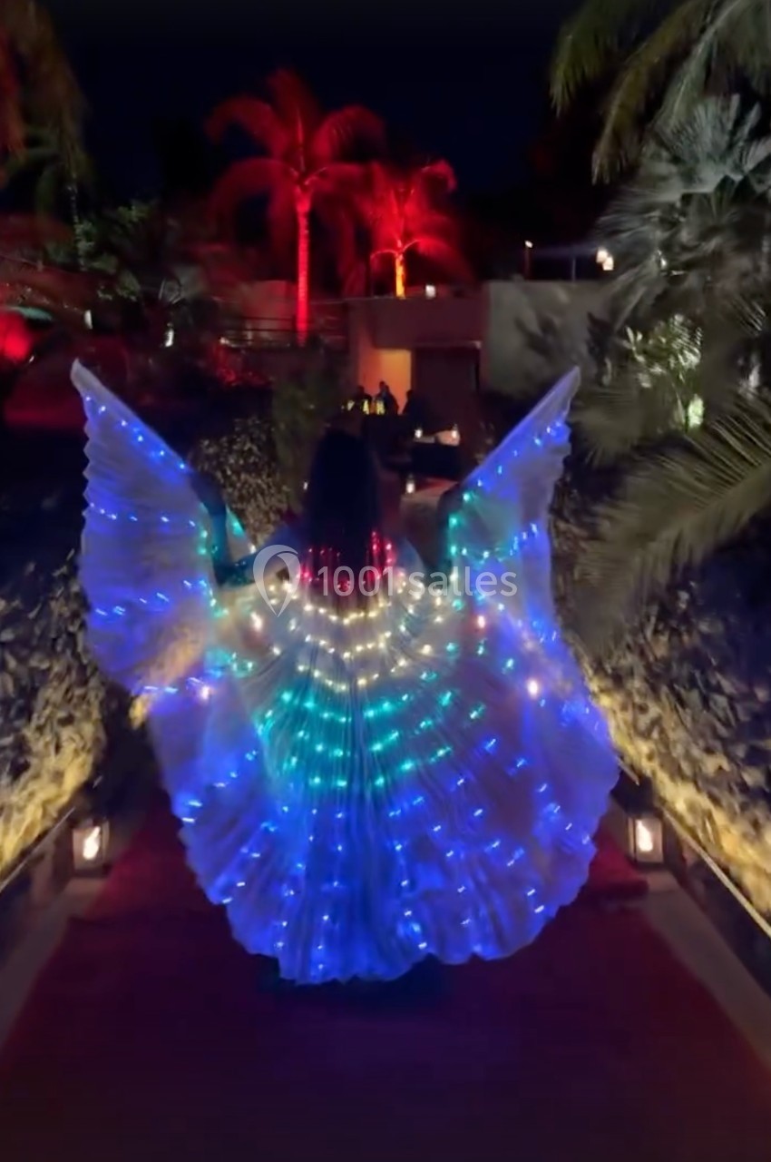 Personne portant une robe lumineuse avec des ailes éclairées de couleurs vives, marchant sur un chemin bordé de palmiers.