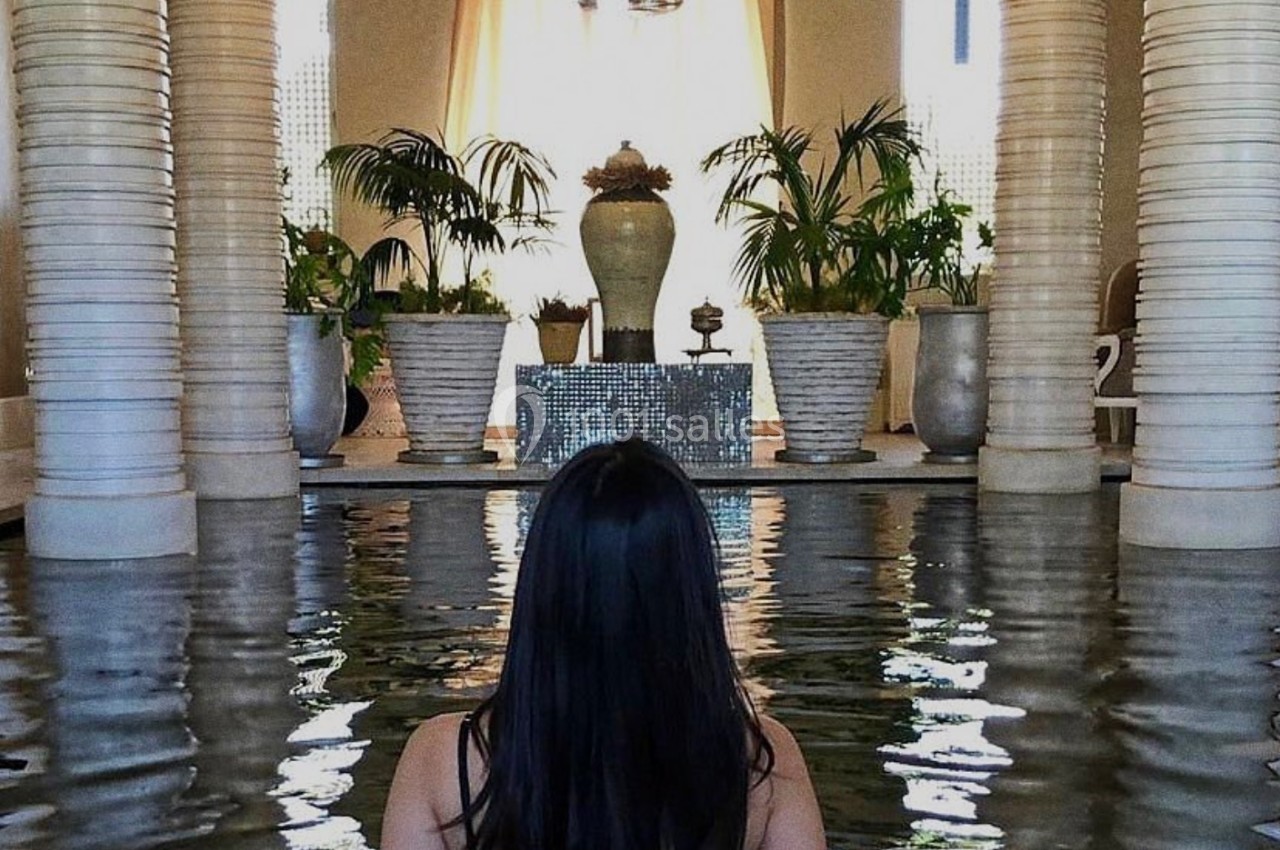 Une femme de dos dans un bassin intérieur entouré de colonnes et de plantes, face à une décoration centrale.