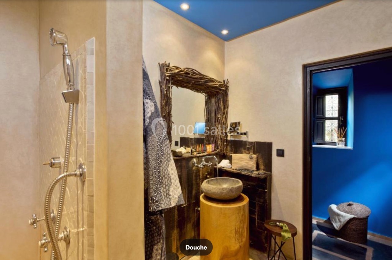 Salle de bain avec douche, lavabo en pierre, miroir encadré de bois et mur bleu visible en arrière-plan.