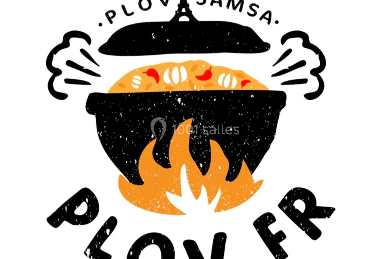 Illustration d'un chaudron noir fumant sur un feu, contenant un plat coloré, avec le texte ’Plov Samsa’ et ’Plov.fr’.