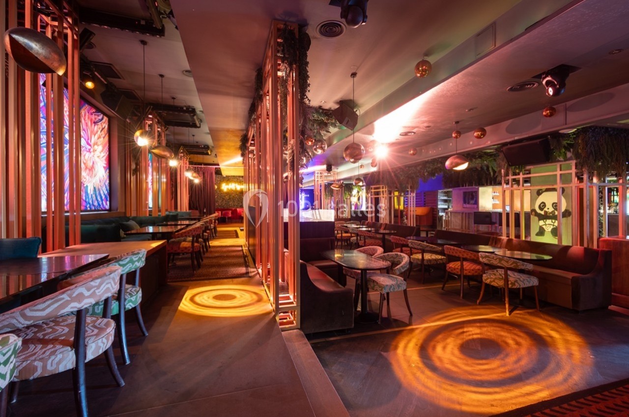 Salle de restaurant moderne avec éclairage coloré, mobilier varié et décoration végétale suspendue.