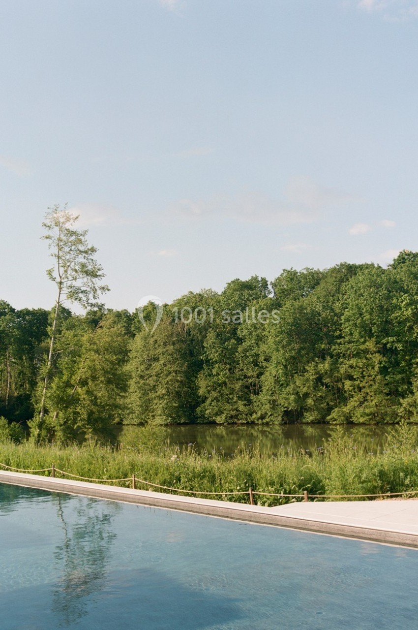 Vue d'une piscine bordée de végétation, avec un plan d'eau et une forêt en arrière-plan sous un ciel dégagé.