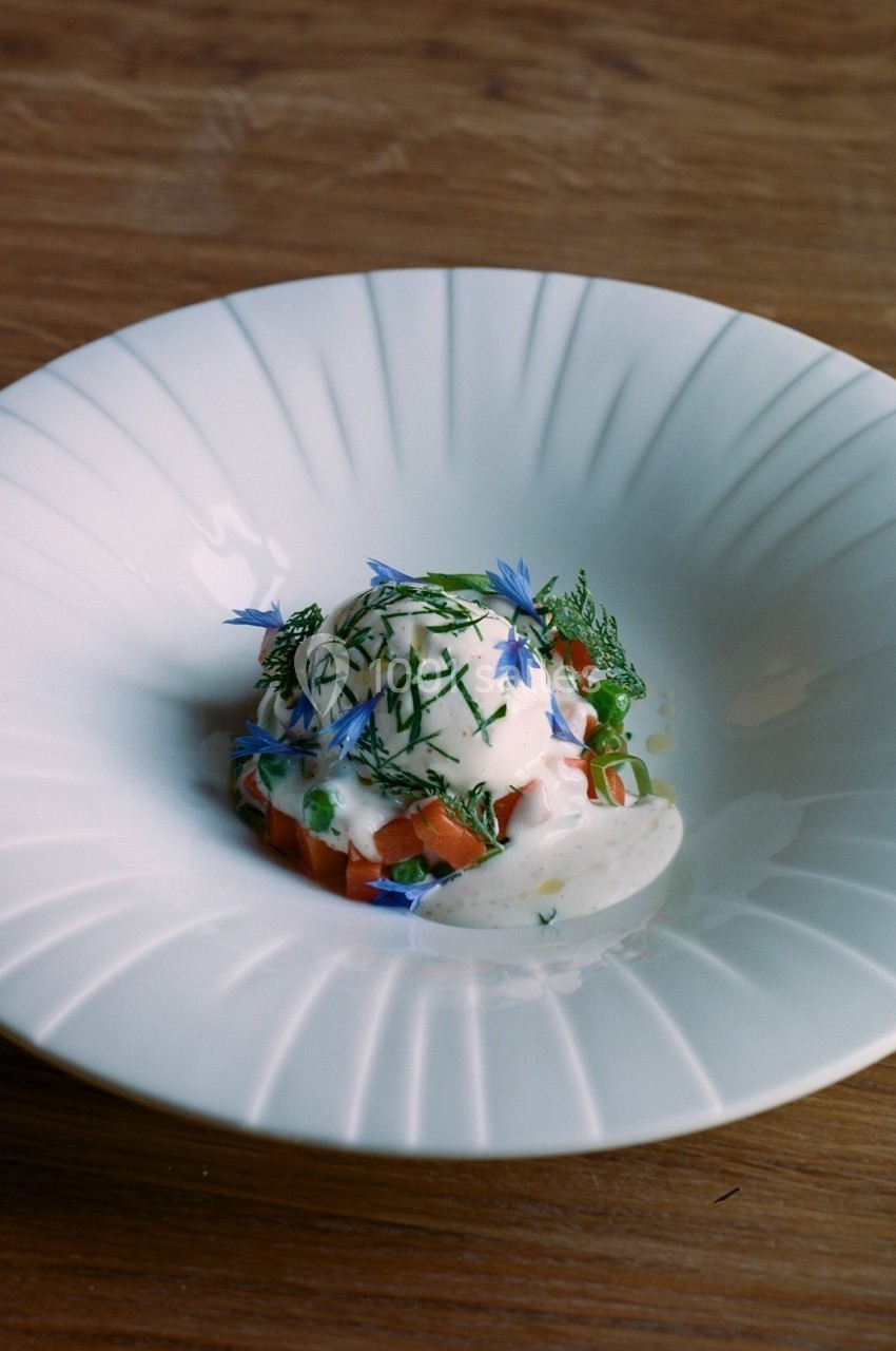 Assiette contenant une préparation gastronomique avec saumon, herbes fraîches, fleurs comestibles et sauce blanche.