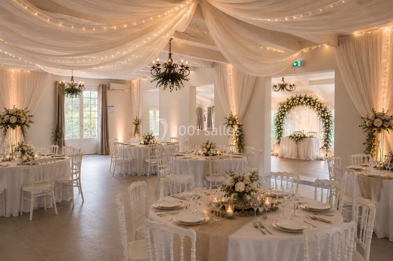 Salle de réception élégante décorée de voilages blancs, guirlandes lumineuses et compositions florales.
