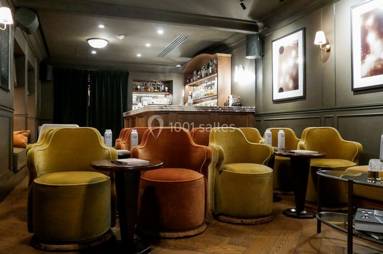 Salon élégant avec fauteuils colorés, tables basses en bois et bar en arrière-plan dans une ambiance tamisée.