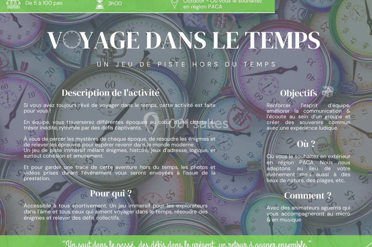 Image présentant une affiche promotionnelle pour un jeu d'équipe sur le thème du voyage dans le temps, avec textes…