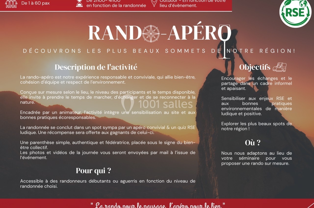 Une affiche présentant une activité de randonnée conviviale avec apéritif, incluant détails pratiques et objectifs.