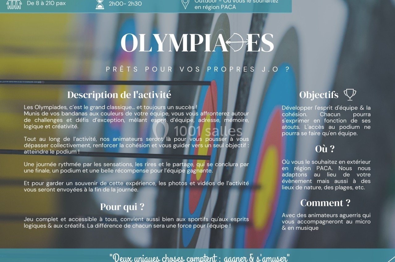 Un document promotionnel décrivant une activité d'olympiades en équipe, avec objectifs, public cible et modalités.
