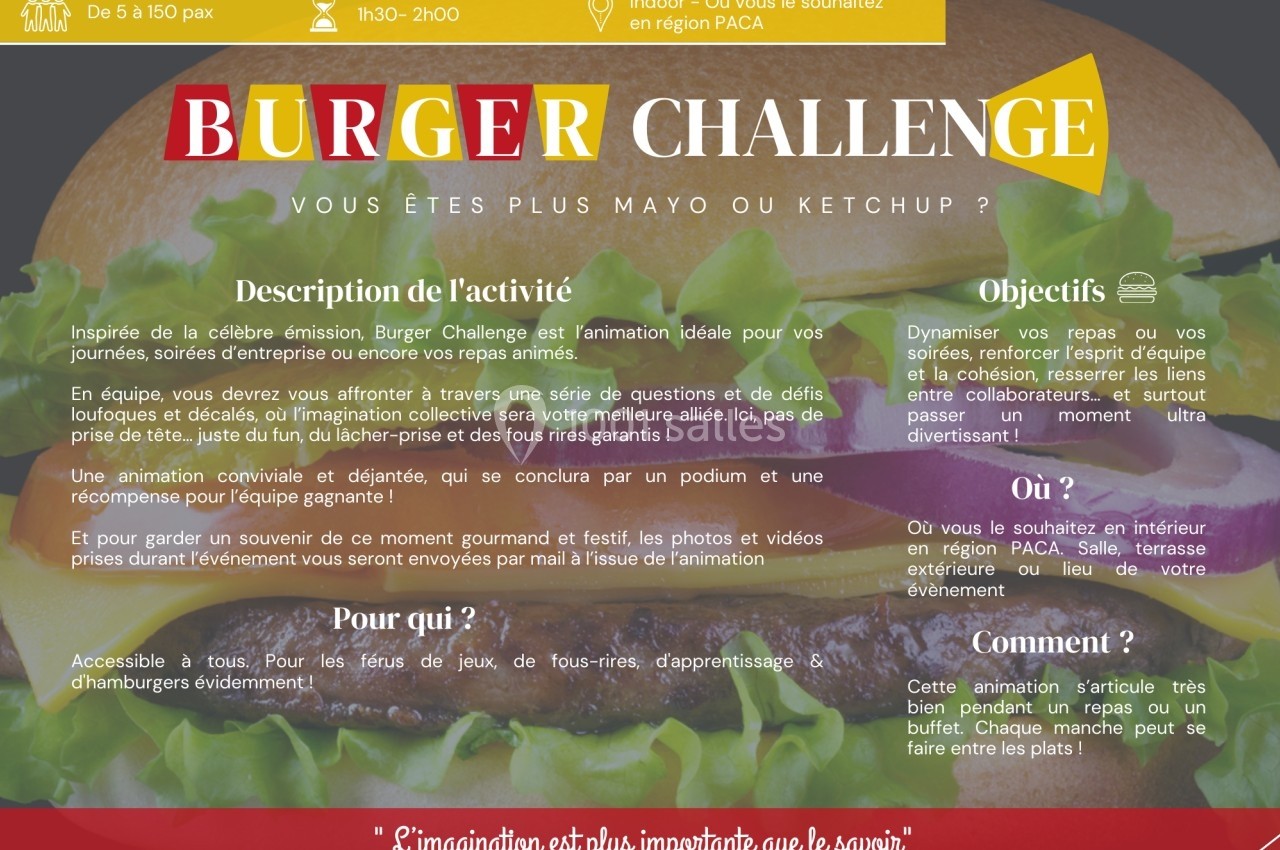 Image illustrant un burger avec des informations sur une activité ludique appelée ’Burger Challenge’ et ses objectifs.