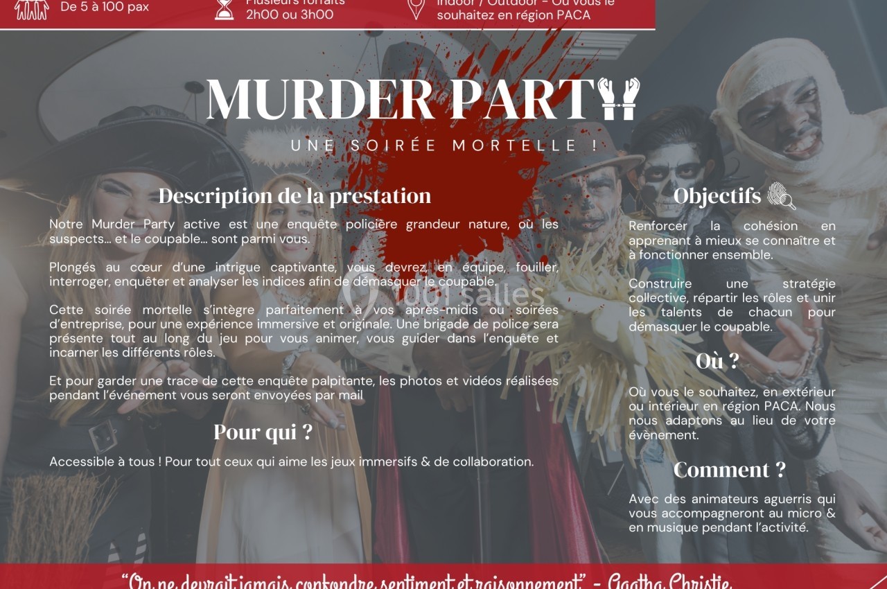 Image promotionnelle décrivant une soirée Murder Party avec détails sur l'activité, les objectifs et les modalités d…