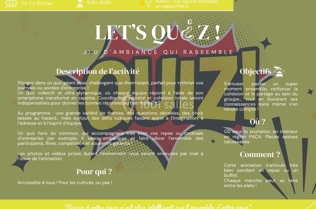 Image contenant une présentation d'un jeu de quiz collectif avec description, objectifs, lieux, et modalités de…