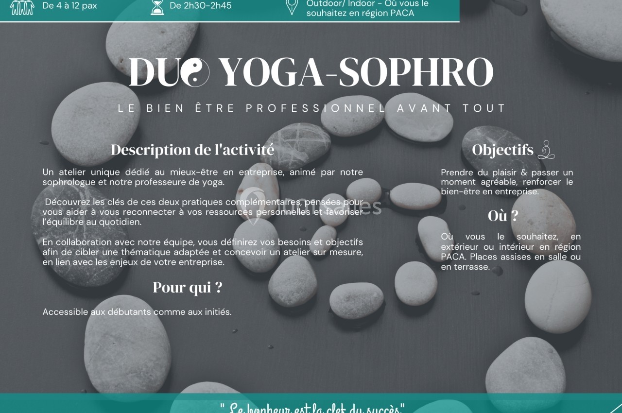 Un visuel présentant une offre de yoga et sophrologie pour professionnels, avec détails sur objectifs et public cible.