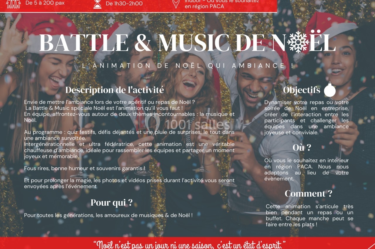 Des personnes portant des bonnets de Noël sourient et célèbrent dans une ambiance festive et musicale.