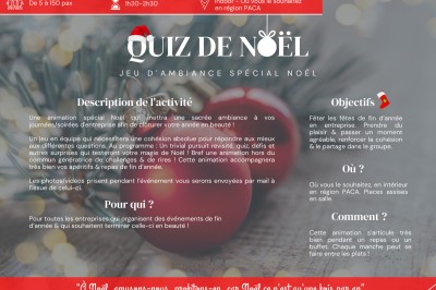Une affiche promotionnelle décrivant une animation de quiz sur le thème de Noël, avec détails sur l'activité et les…