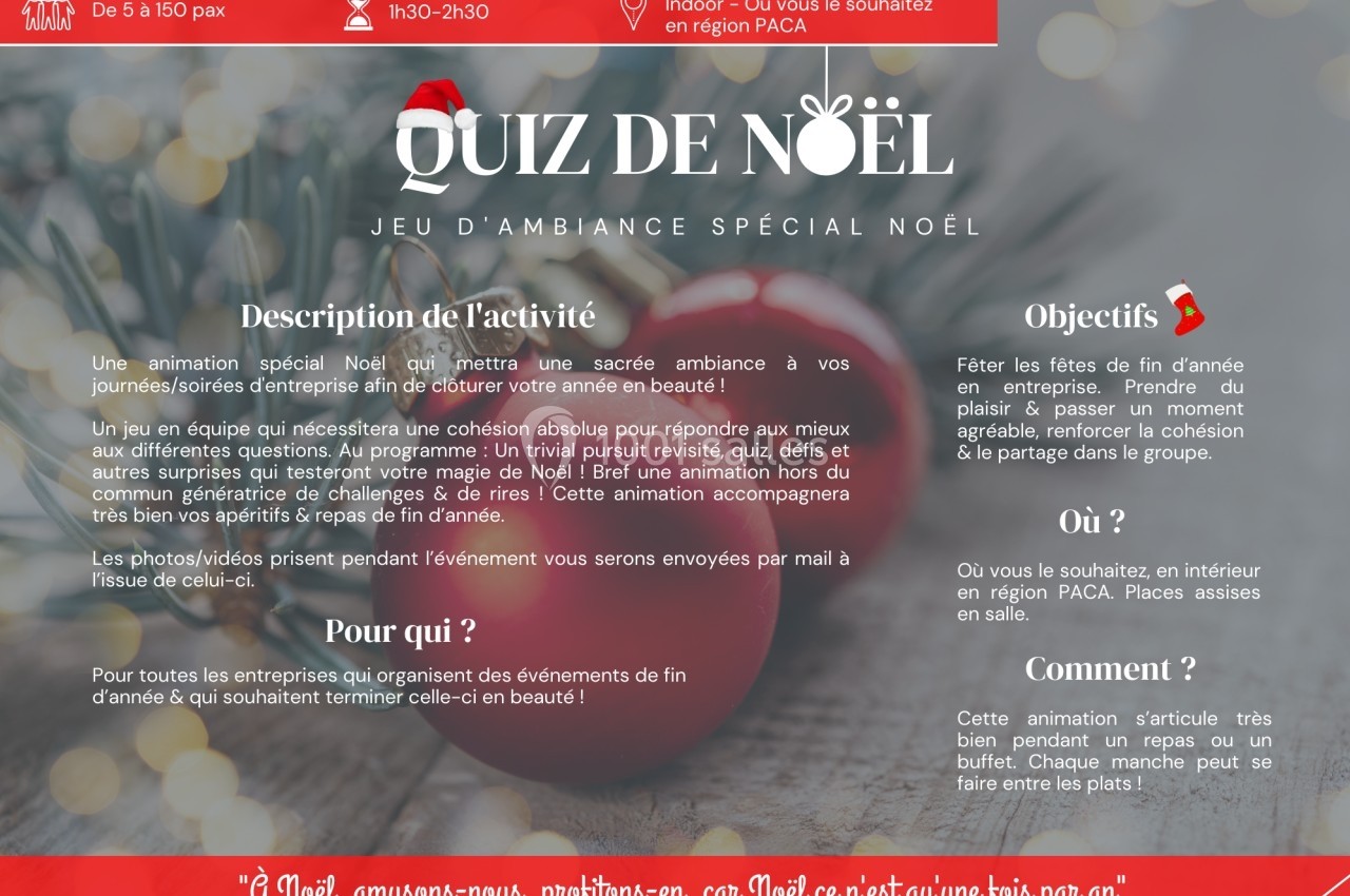 Une affiche promotionnelle décrivant une animation de quiz sur le thème de Noël, avec détails sur l'activité et les…