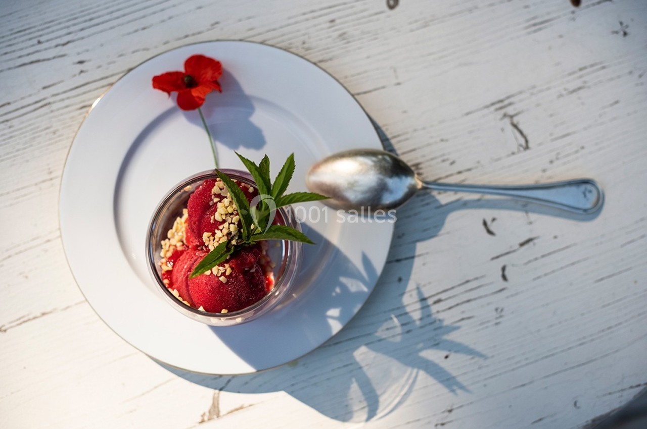Coupe de sorbet rouge garnie de menthe et de pralin, posée sur une assiette blanche avec une cuillère en métal.