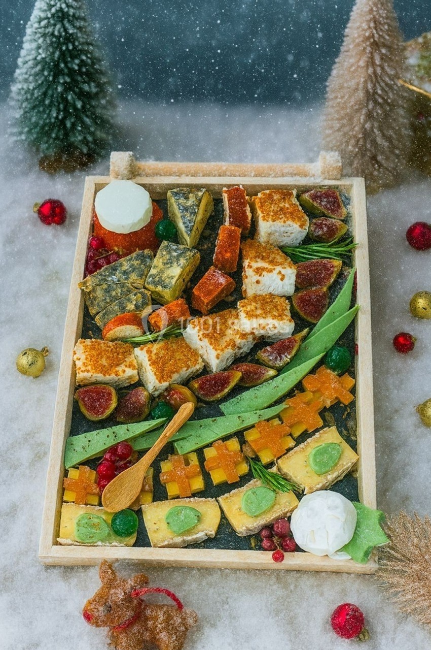 Plateau de desserts variés avec fruits, pâtisseries et décorations festives sur un fond enneigé.