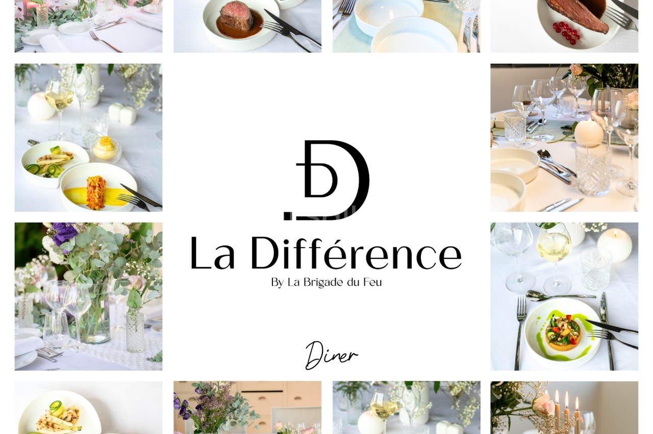 Mosaïque de photos montrant des plats gastronomiques et des tables élégamment dressées avec des verres et des décorations.