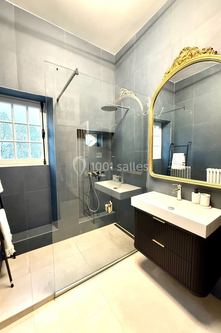 Salle de bain moderne avec douche à l'italienne, lavabo avec miroir doré et murs carrelés gris.