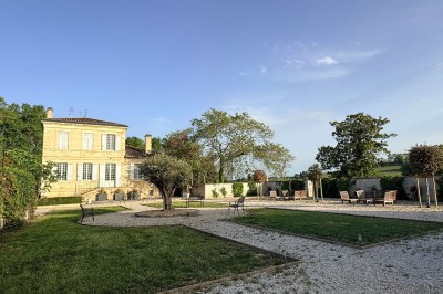 Pelouse verdoyante bordée d'arbres sous un ciel bleu clair, avec une haie en arrière-plan.