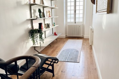 Pelouse verdoyante bordée d'arbres sous un ciel bleu clair, avec une haie en arrière-plan.