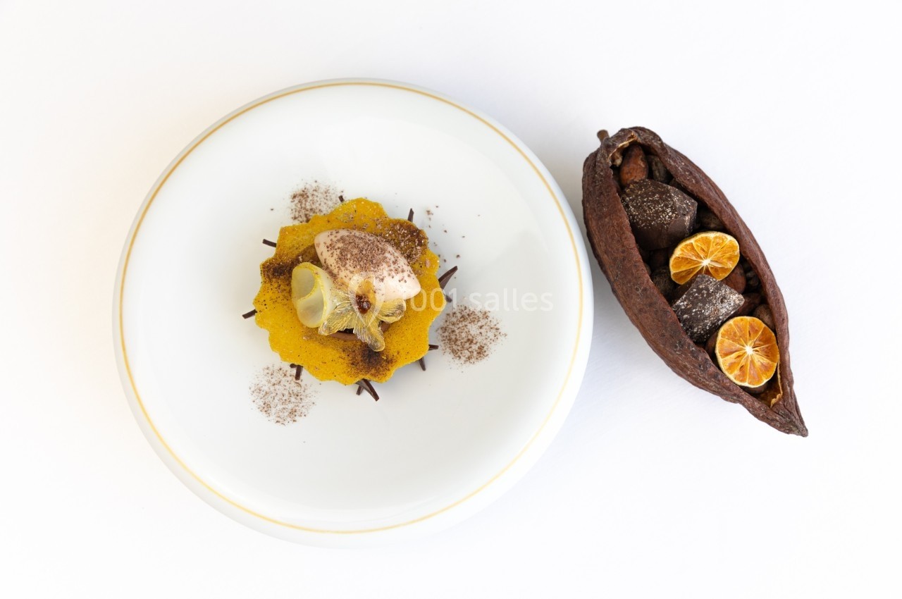 Dessert raffiné avec mousse, fruits et cacao, présenté sur une assiette blanche et une coque de cacao à côté.