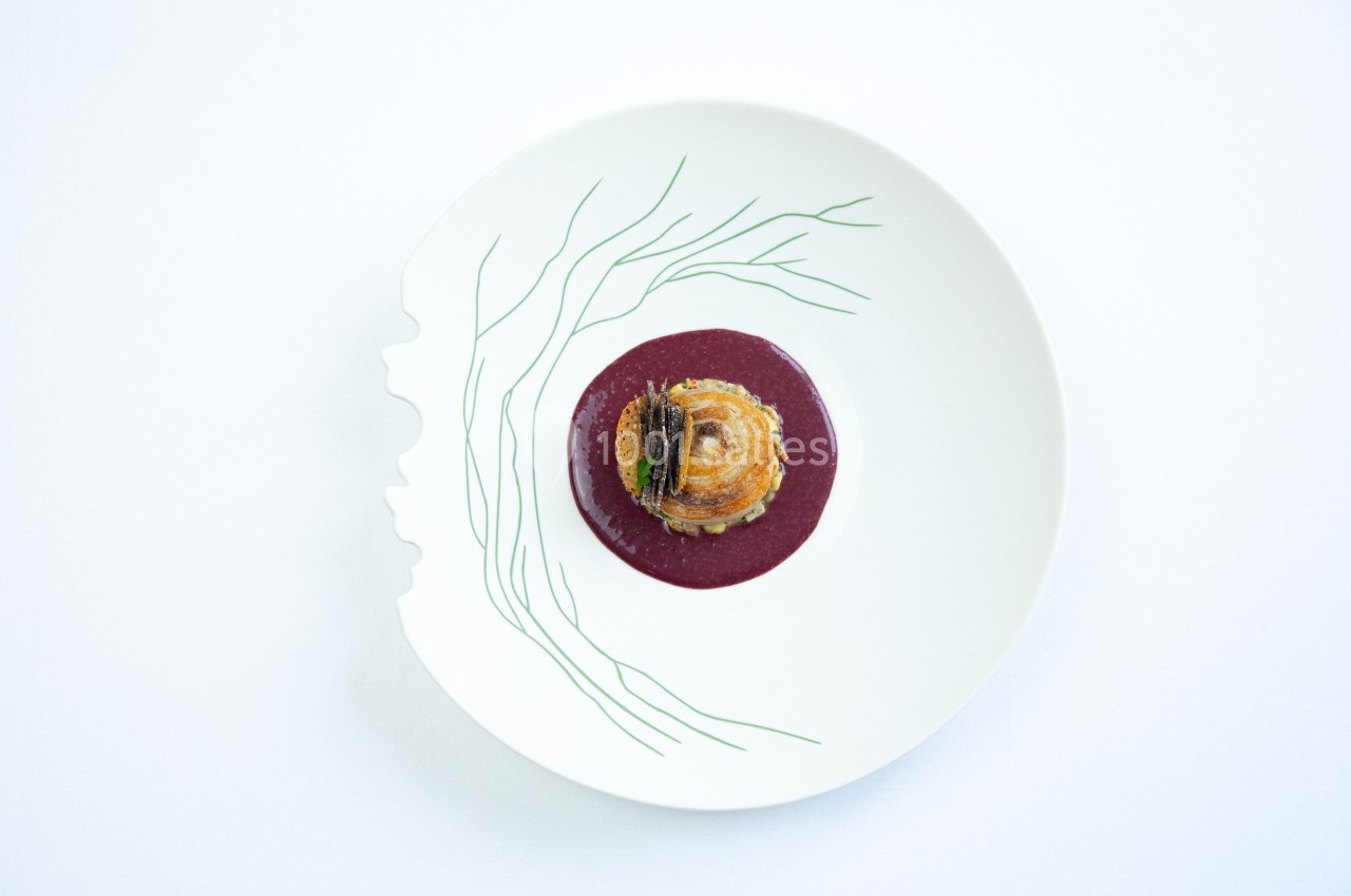 Plat gastronomique présenté sur une assiette blanche décorée, avec une sauce pourpre et une préparation élégante au centre.