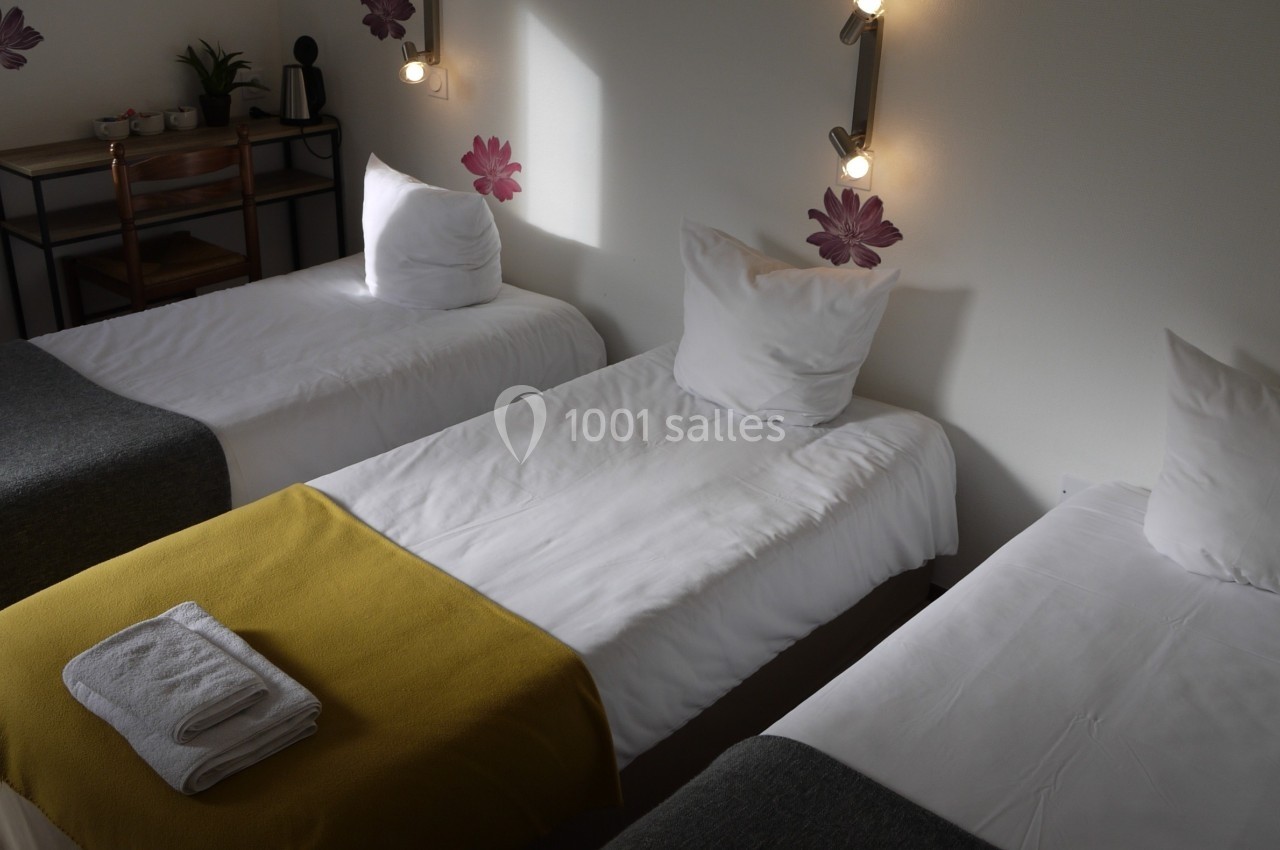 Trois lits simples alignés dans une chambre lumineuse avec des décorations murales florales et un bureau en arrière-plan.