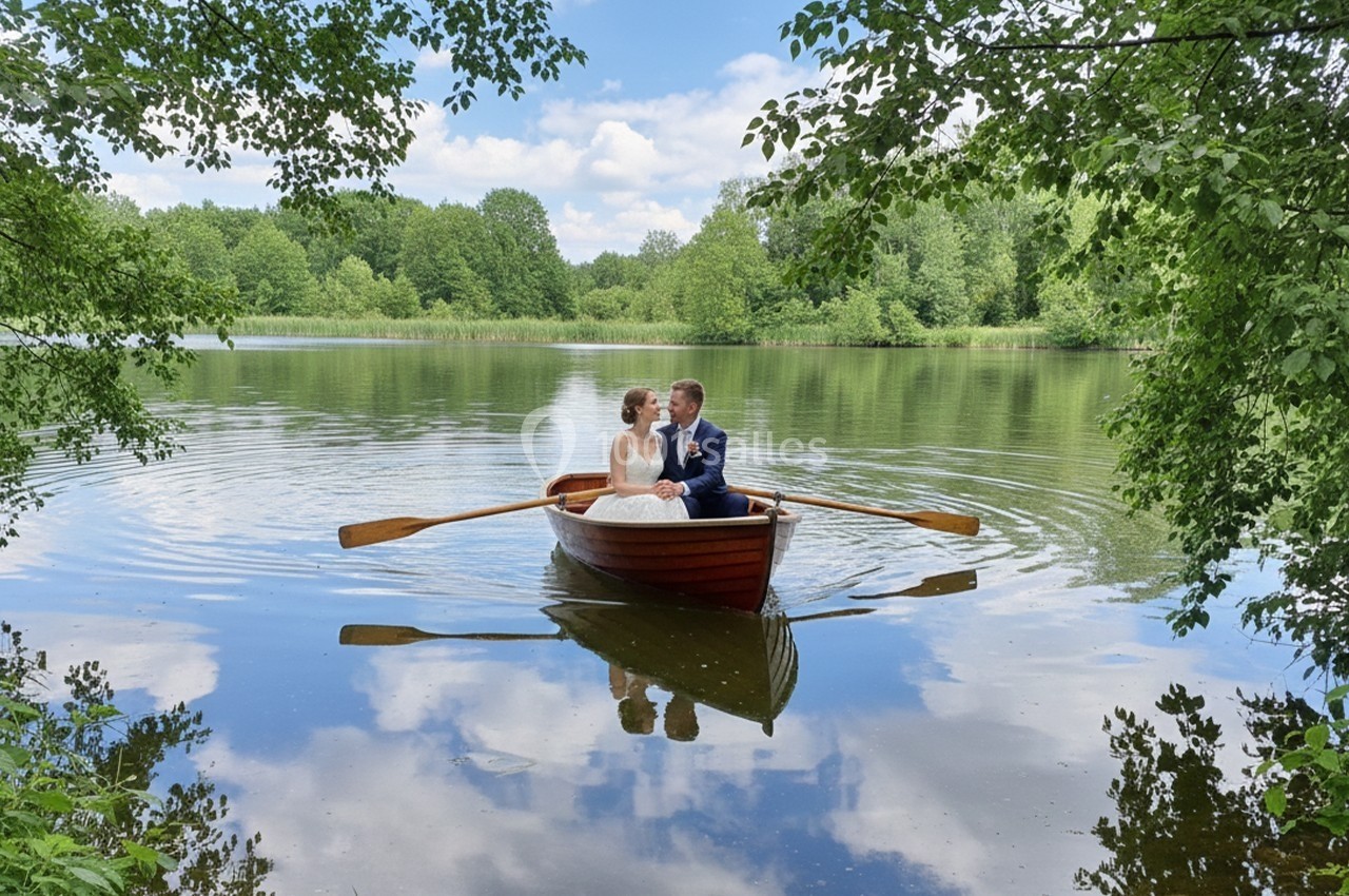Un couple en tenue de mariage est assis dans une barque en bois sur un lac entouré de végétation.