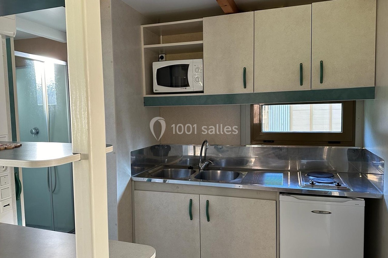 Cuisine compacte avec évier double, micro-ondes, plaques de cuisson, réfrigérateur et rangements, vue sur une salle d'eau.