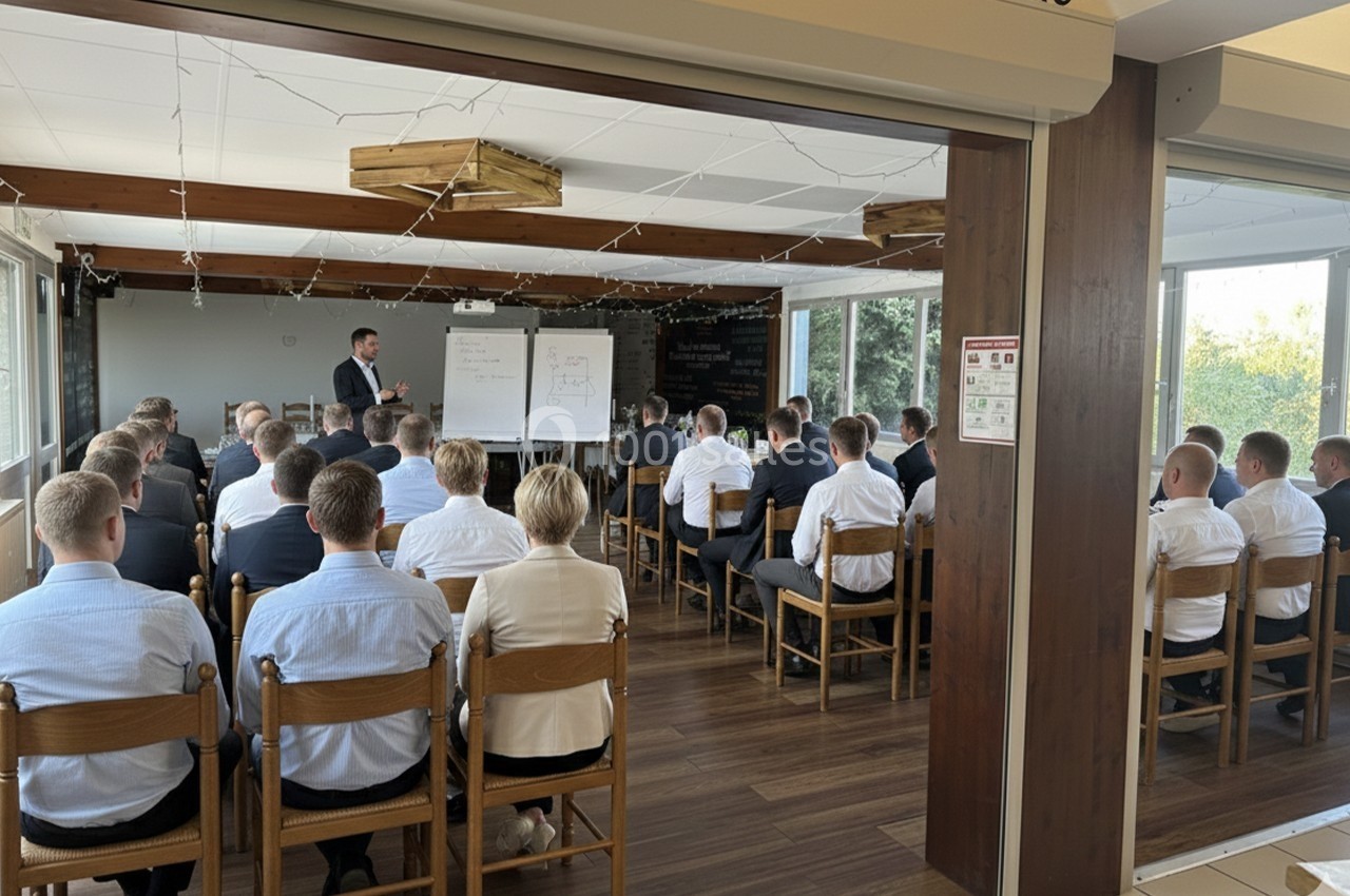 Un groupe de personnes assises dans une salle de réunion, écoutant un intervenant devant un tableau blanc.
