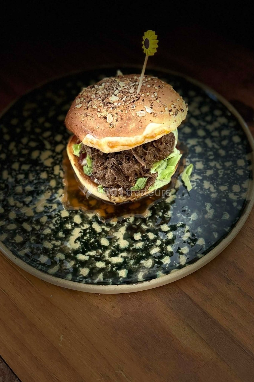 Burger garni de viande effilochée, salade et graines sur un pain, présenté sur une assiette décorative.