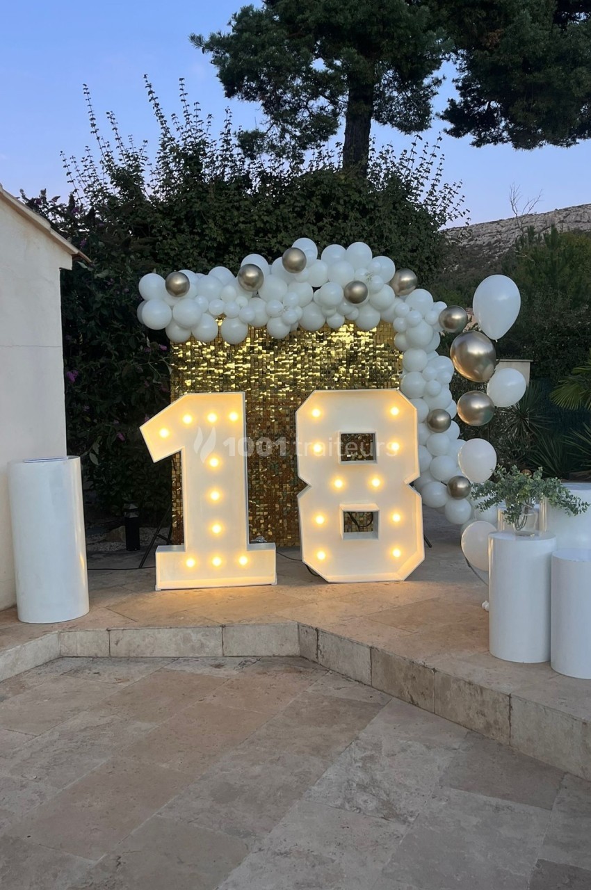 Décoration d'anniversaire avec le chiffre lumineux ’18’, des ballons blancs et dorés, et un fond scintillant.