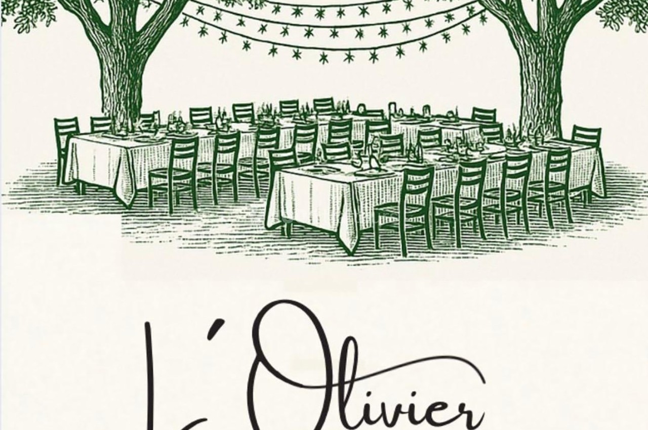 Illustration de tables dressées sous des oliviers avec des guirlandes lumineuses suspendues, ambiance festive en plein air.