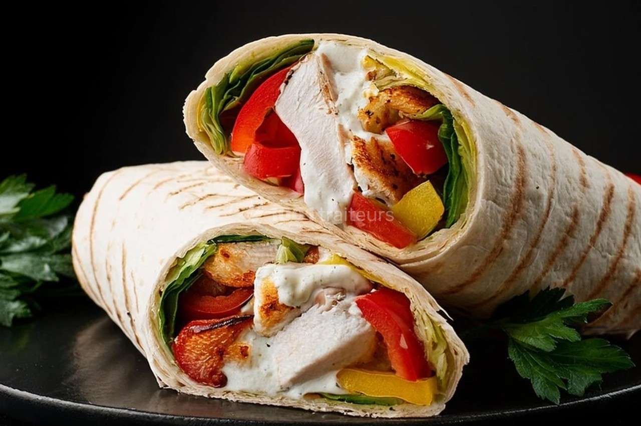 Deux wraps garnis de poulet grillé, légumes colorés et sauce blanche, présentés sur un fond sombre avec des herbes.