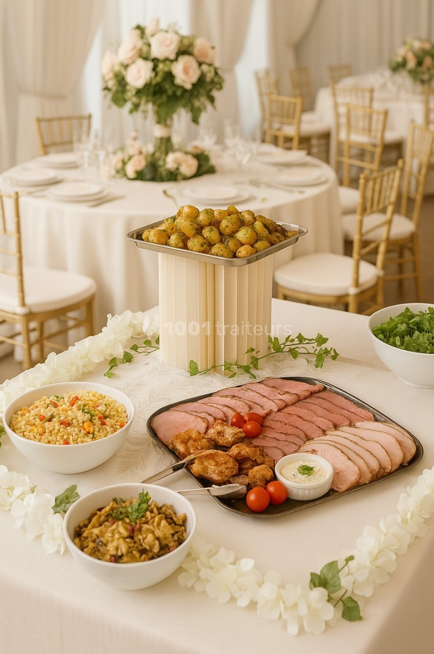 Buffet avec rôti, pommes de terre, salade, taboulé et légumes, disposé sur une table décorée de fleurs blanches.