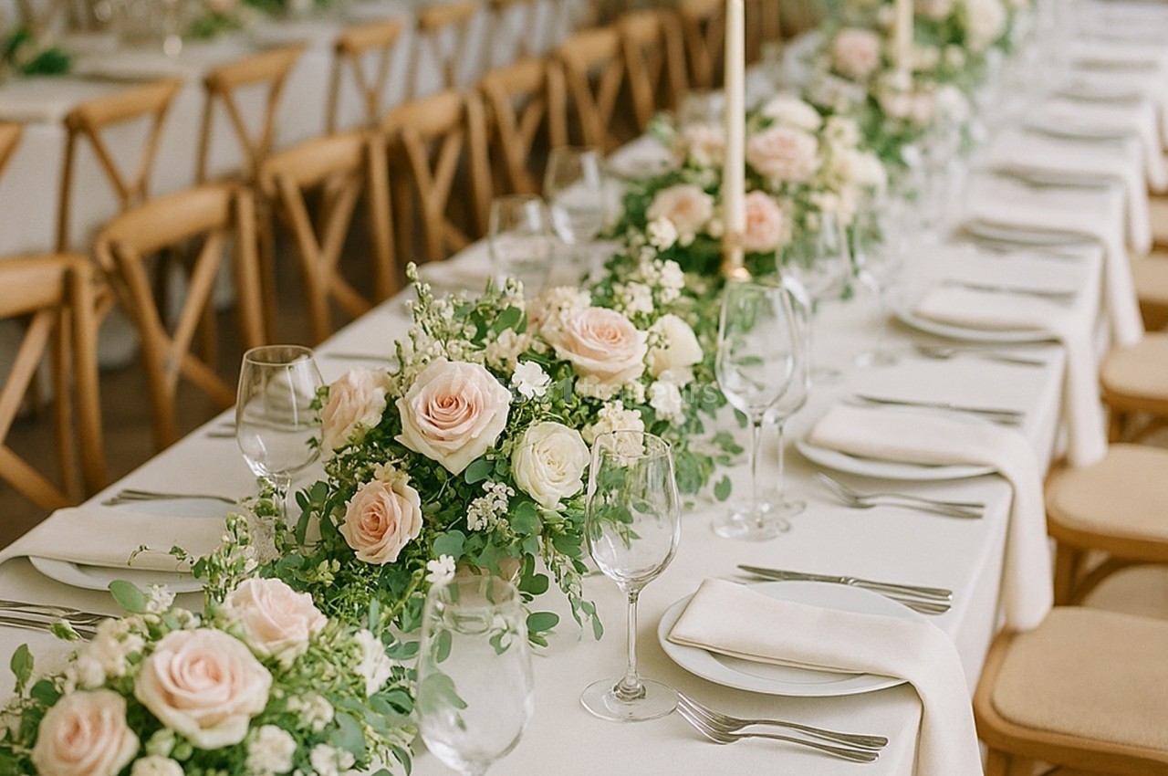 Table décorée pour un mariage avec nappes blanches, bouquets de roses pastel, bougies allumées et vaisselle élégante.
