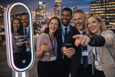 Un groupe de personnes fête un anniversaire dans un salon décoré avec des ballons et une banderole.
