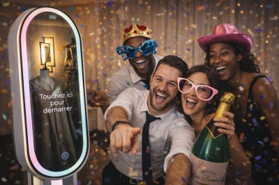 Un groupe de personnes fête un anniversaire dans un salon décoré avec des ballons et une banderole.