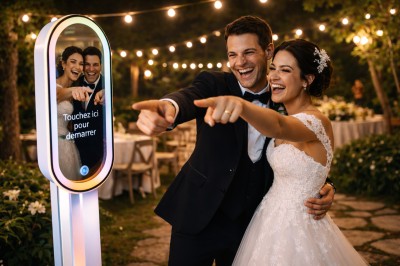 Un couple souriant en tenue de mariage pose devant une borne photo interactive lors d'une réception en extérieur.