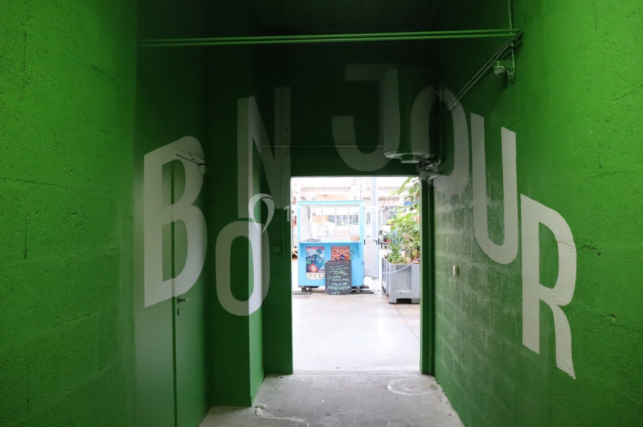 Mur vert avec le mot ’BONJOUR’ peint en blanc, passage menant à un espace lumineux avec des plantes et un tableau.