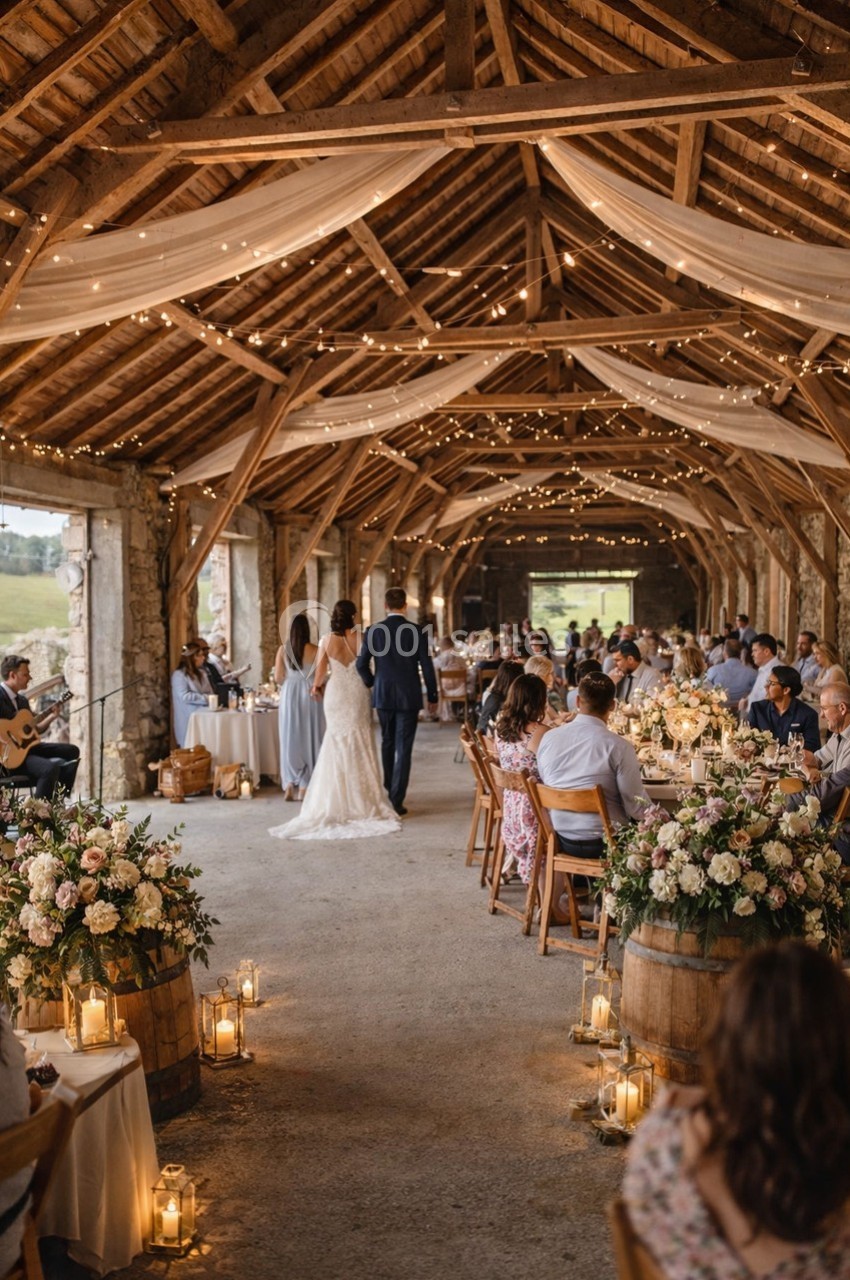 Mariage dans une grange décorée de guirlandes lumineuses, fleurs et bougies, avec des invités assis à table.