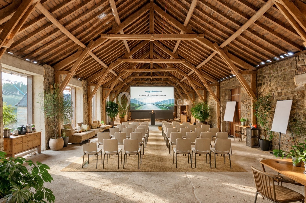 Salle de réunion lumineuse dans une grange rénovée avec chaises alignées, écran de projection et décoration végétale.