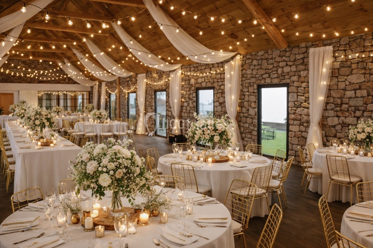 Salle de réception avec tables décorées de fleurs blanches, bougies et guirlandes lumineuses suspendues au plafond.