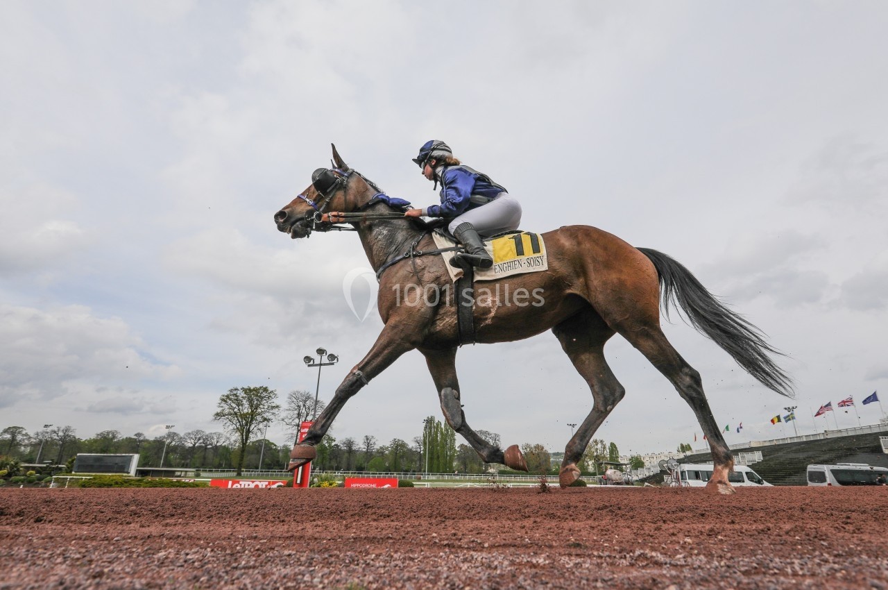 Jockey montant un cheval au galop sur une piste en terre battue, avec un ciel nuageux en arrière-plan.