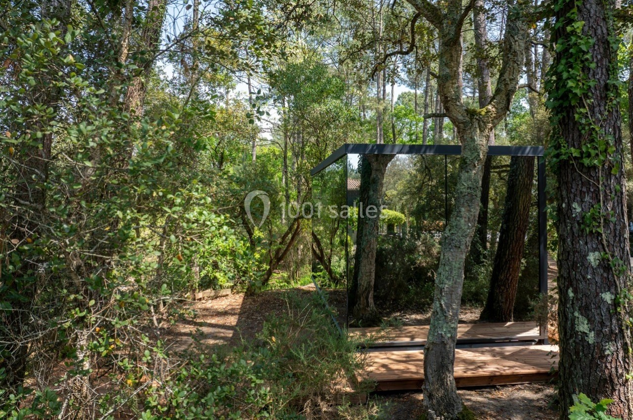 Abri en bois et métal intégré dans une forêt dense, entouré de végétation et d'arbres.