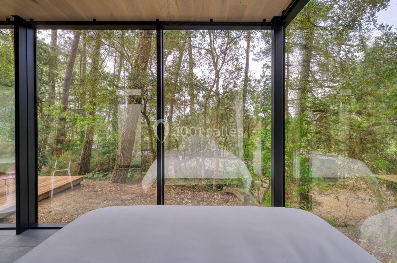 Vue depuis une chambre avec de grandes baies vitrées donnant sur une forêt dense et lumineuse.