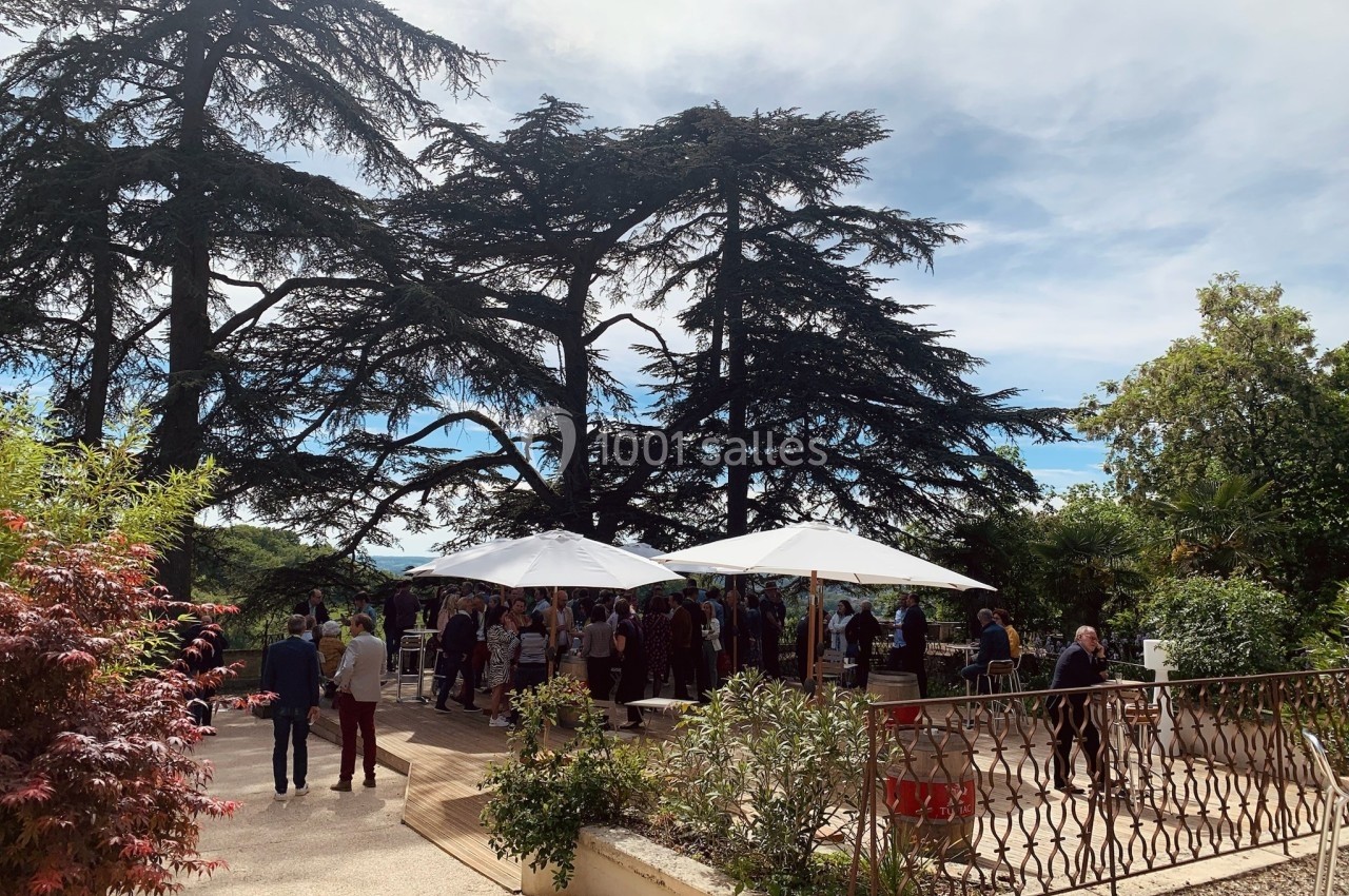 Personnes rassemblées sur une terrasse ensoleillée entourée de grands arbres et de végétation.