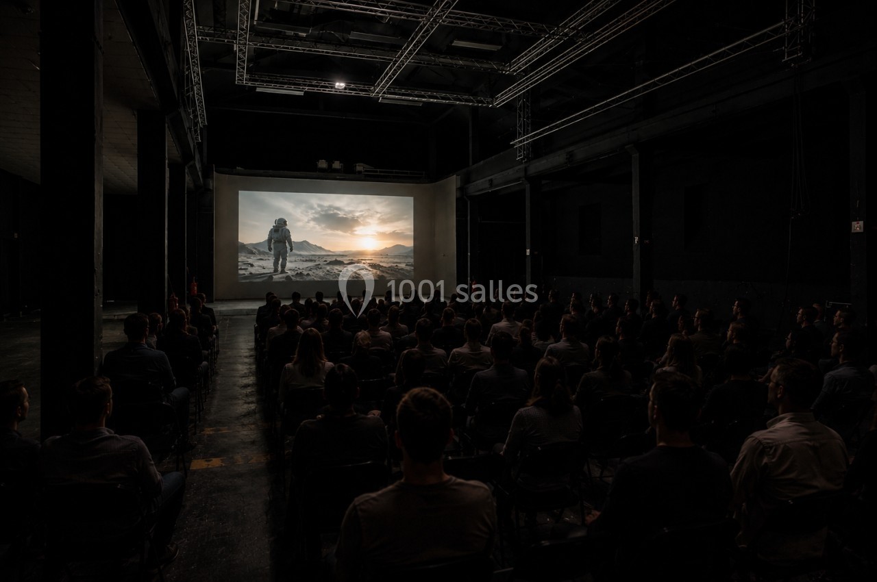 Salle sombre avec un public regardant un film projeté montrant un astronaute dans un paysage désertique au coucher du soleil.